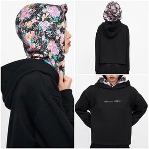 Zara Floral Print Cropped Double Hoodie Sweatshirt